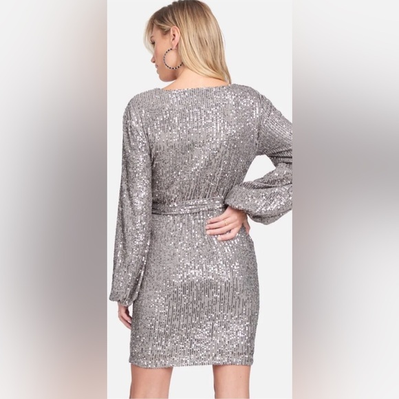 Bebe Sequin Tie Front Dress In Silver color. Size M - Picture 2 of 8